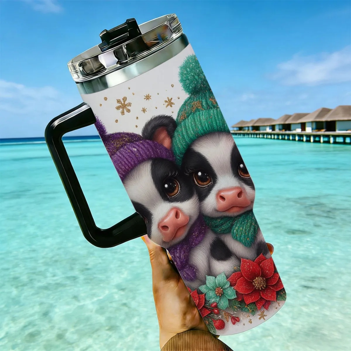 40oz Christmas Cow Poinsettia Floral Print Stainless Steel Tumbler With Handle Straw Lid 24 Hours Cold Insulated Travel Water Cup