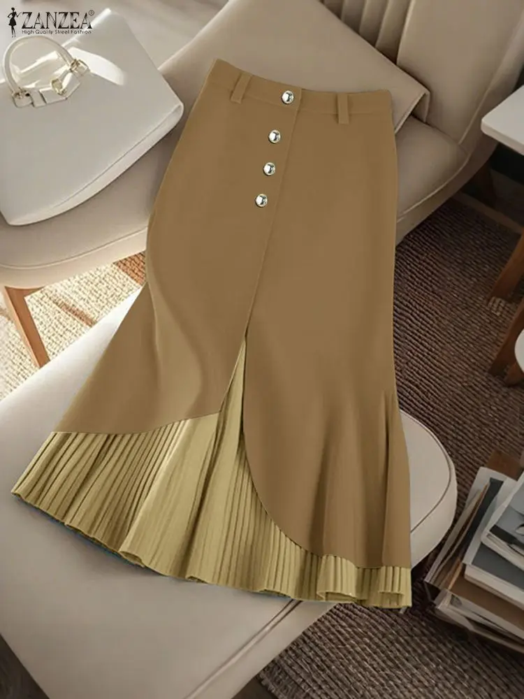 

Stylish Women Skirts ZANZEA 2025 Autumn Midi Skirt Patchwork Jupe Elegant High Waist Pleated Sundress A-line OL Work Faldas Saia