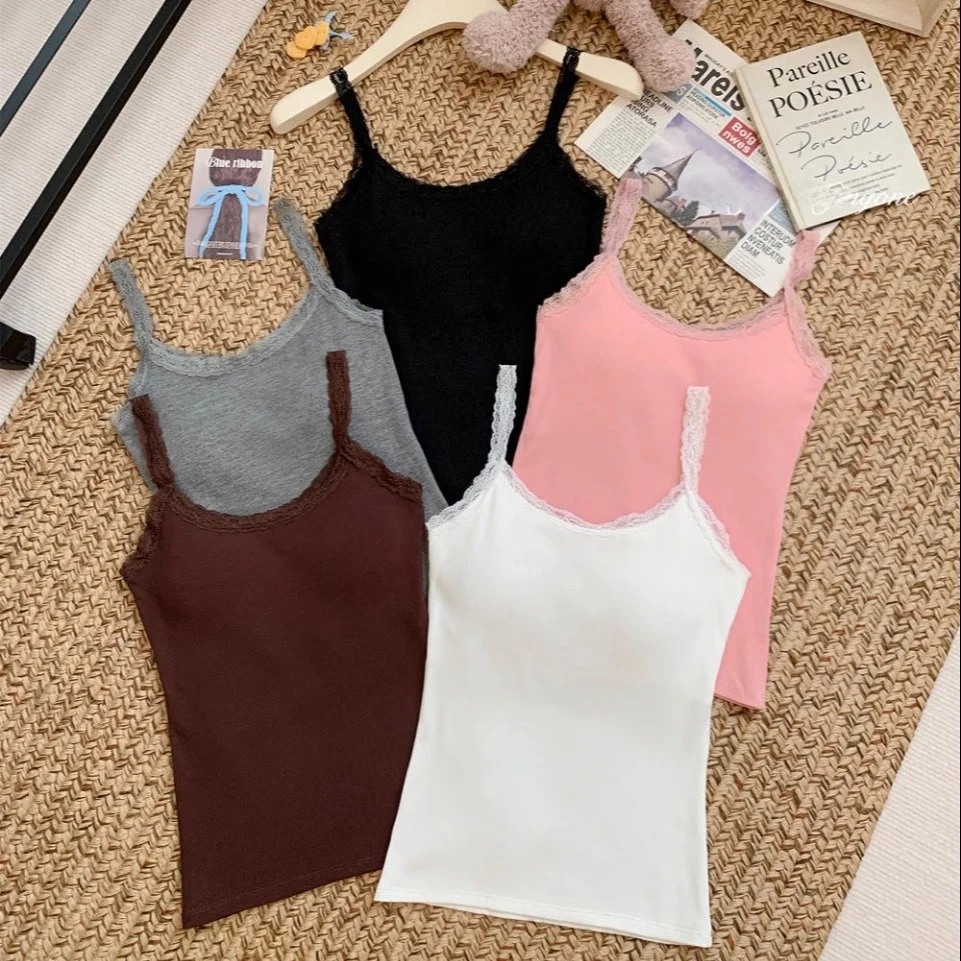 Early Autumn Women's Slim Fit Lace Trim Halter Vest Comfortable U-Neck Fixed Strap Chest Pad Casual Style Inner Wear Outer Wear