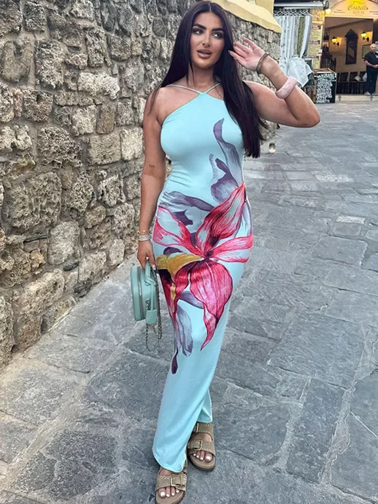 Summer Fashion Printed Dress Female Slim Halter Backless Patchwork Holiday Bandage Dress Women's Lace-Up Maxi Dress 2024