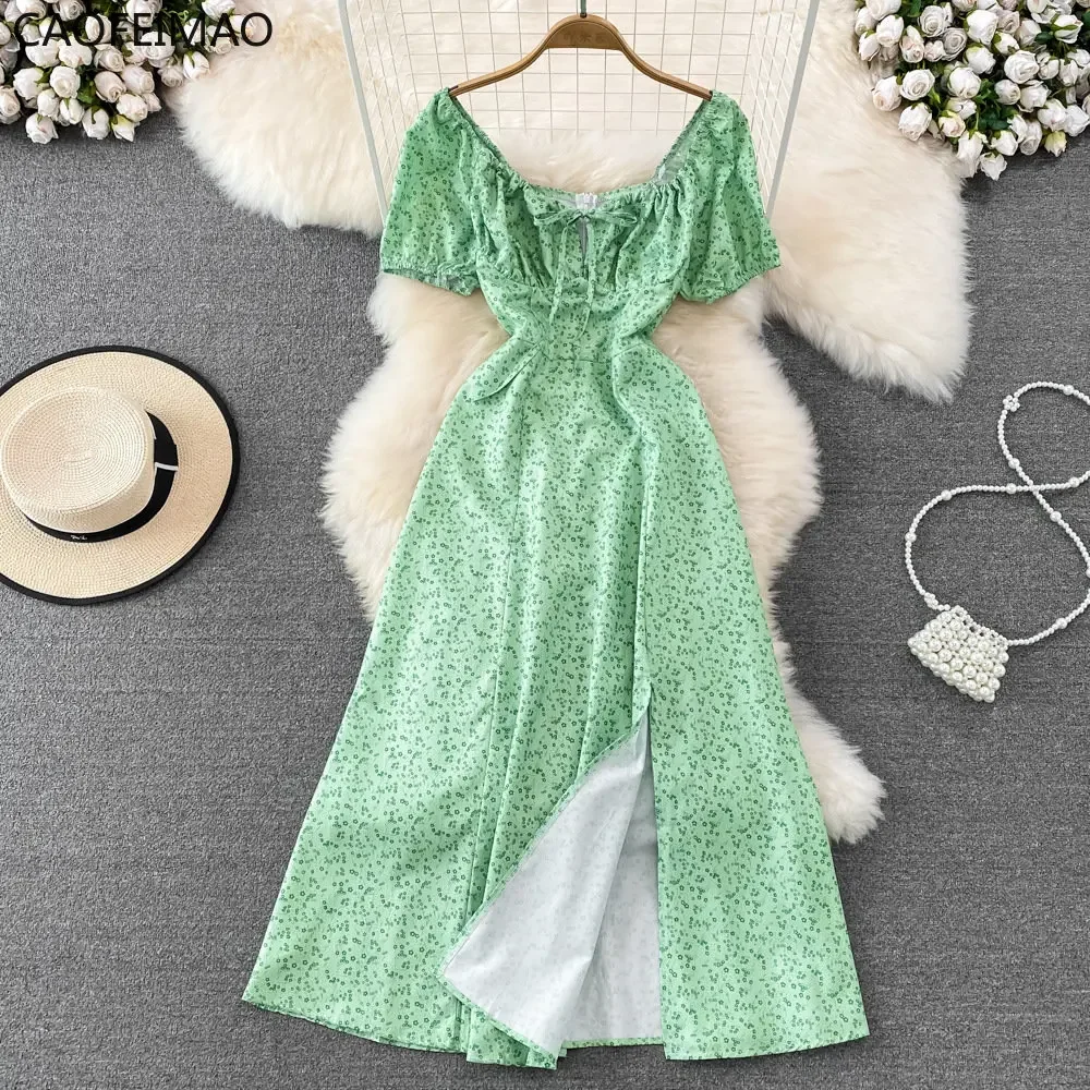 Letnia sukienka w stylu vintage Niebieski kwiatowy letni rękaw bąbelkowy Wiązane seksowne sukienki damskie A-line Print Split Długa sukienka Eleganckie kamizelki