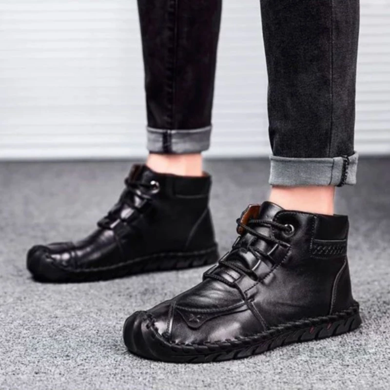 Men Leather High Top Shoes Autumn Winter Plush Lined Lace Up Round Toe Warm Casual Boots Black Street Style