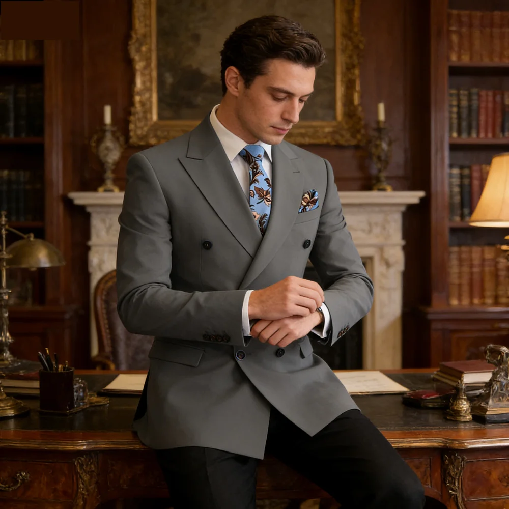 

Мужской двубортный смокинг с лацканами и двумя разрезами, приталенный деловой костюм (пиджак + брюки)