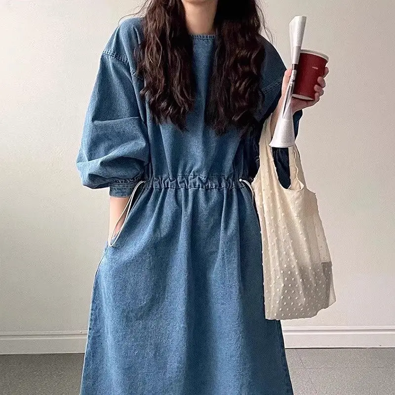 

Korean Autumn Dress Women's Vintage Lazy Style Round Neck Double Pocket Drawstring Waist Slim Denim Dress Women Tunic Robe Z2849