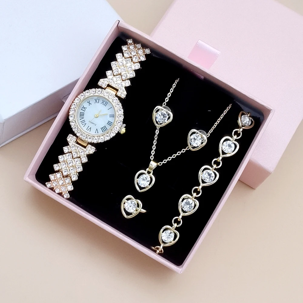 5PCS Set Luxury Rhinestone Watch Women Watch Jewelry Ladies Female Relogio Crystal Ring Necklace Earrings Bracelets With Box