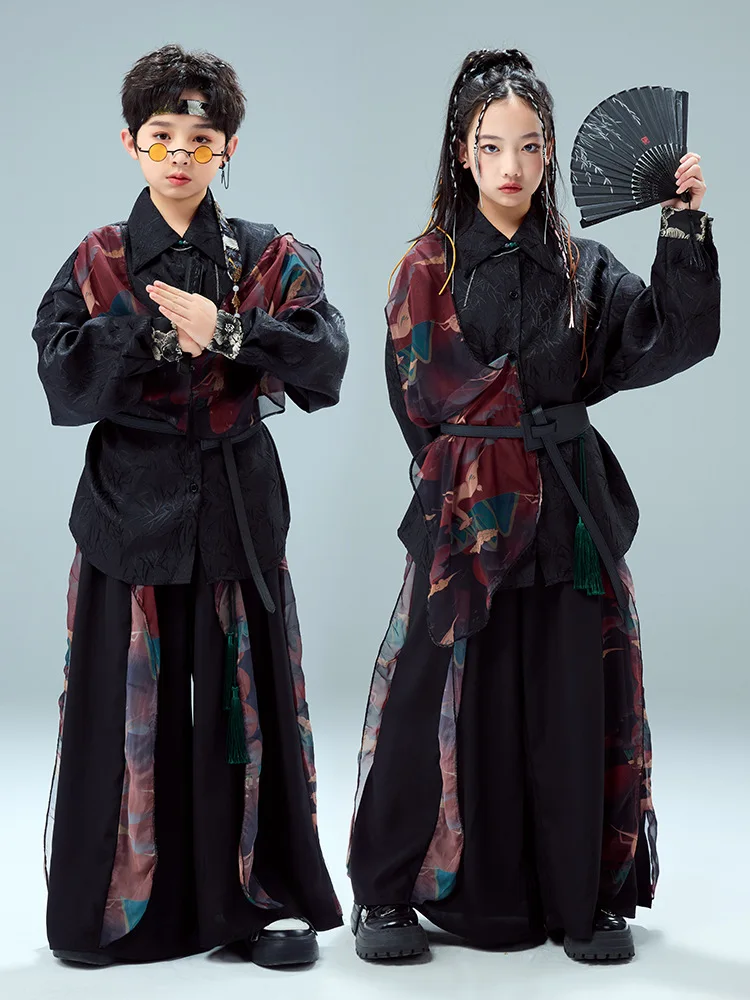 

Kid Chinese Style Hip Hop Clothing Black Print Mesh Shirt Casual Wide Leg Pants for Girl Boy Jazz Dance Wear Costume Clothes Set