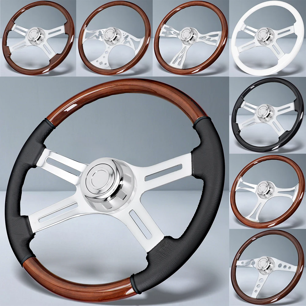 Volante de Madera Maciza de 18 Pulgadas para Camiones Semi-Remolque Mack, Kenworth, Peterbilt, Volvo, Clásico de Aluminio Cromado con Botón de Bocina
