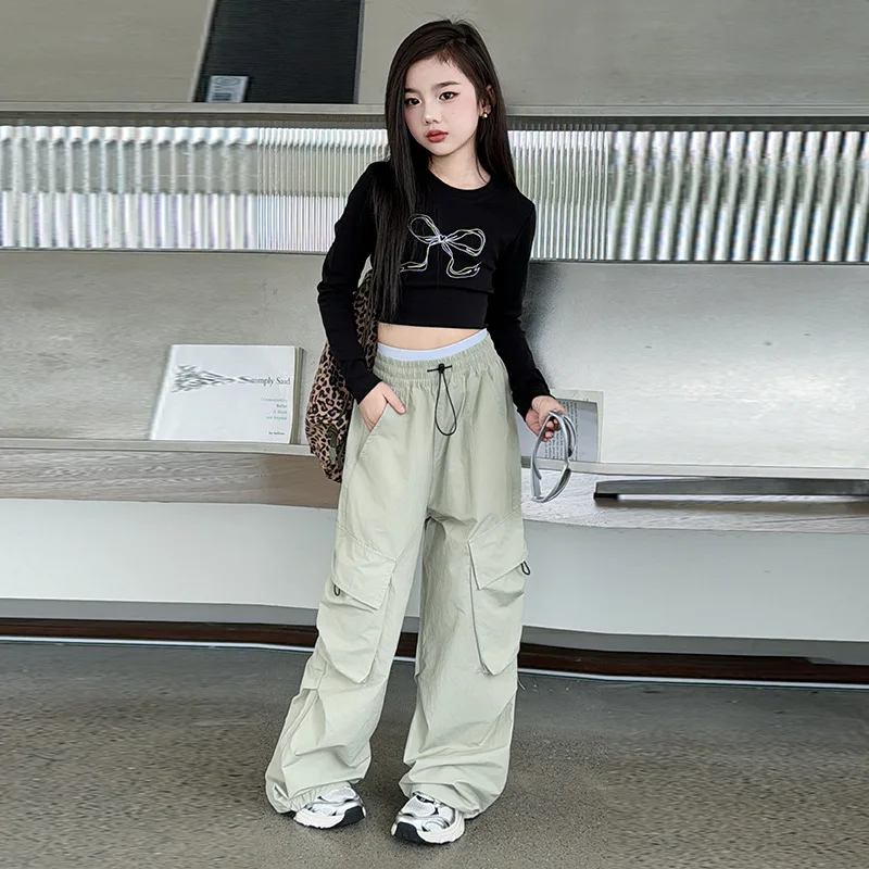 2026 spring summer Kids tracksuit Children set Girls Clothes crop top T-Shirt + wide leg Cargo Pants Teenager 4 8 10 11 12 year