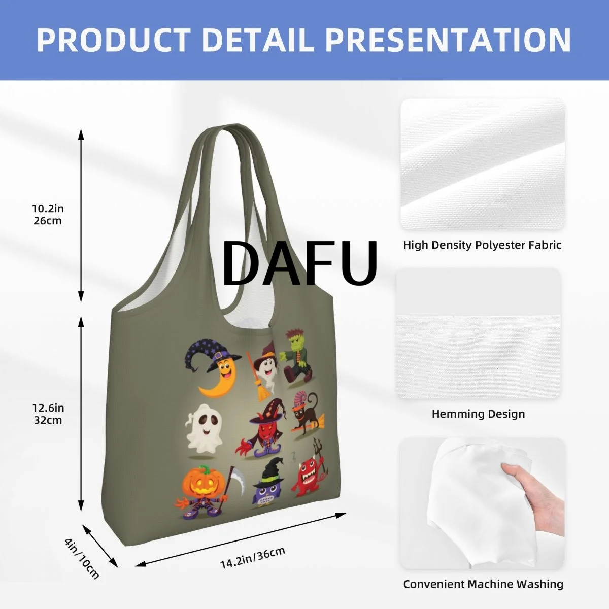 Funny Halloween Print Cotton Tote Bag - Casual Commuter Shoulder Bag for Work Grocery Shopping Trick or Treat