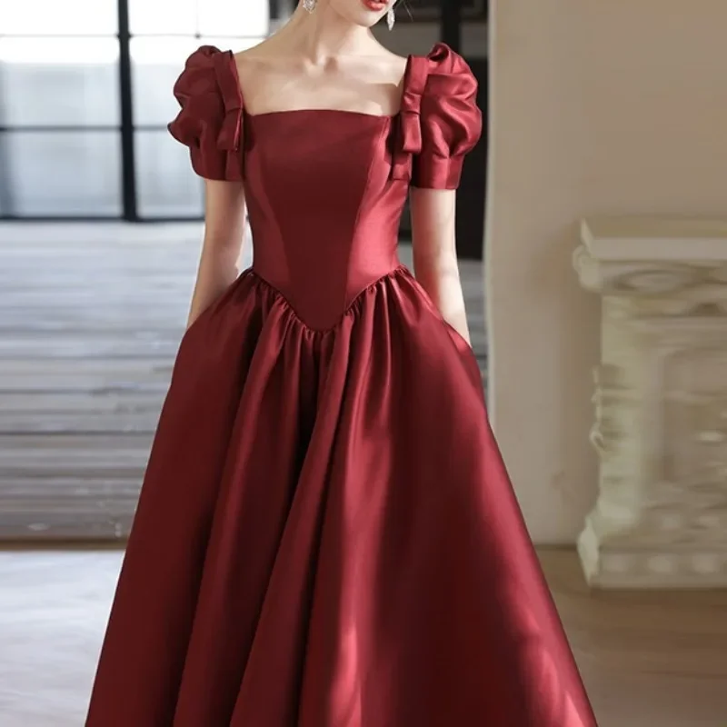 Customized Wedding Guest Dresses For Women Short Puff Sleeves Pleat A-Line Burgundy Formal Dress Square Collar Satin Lace Up Dre