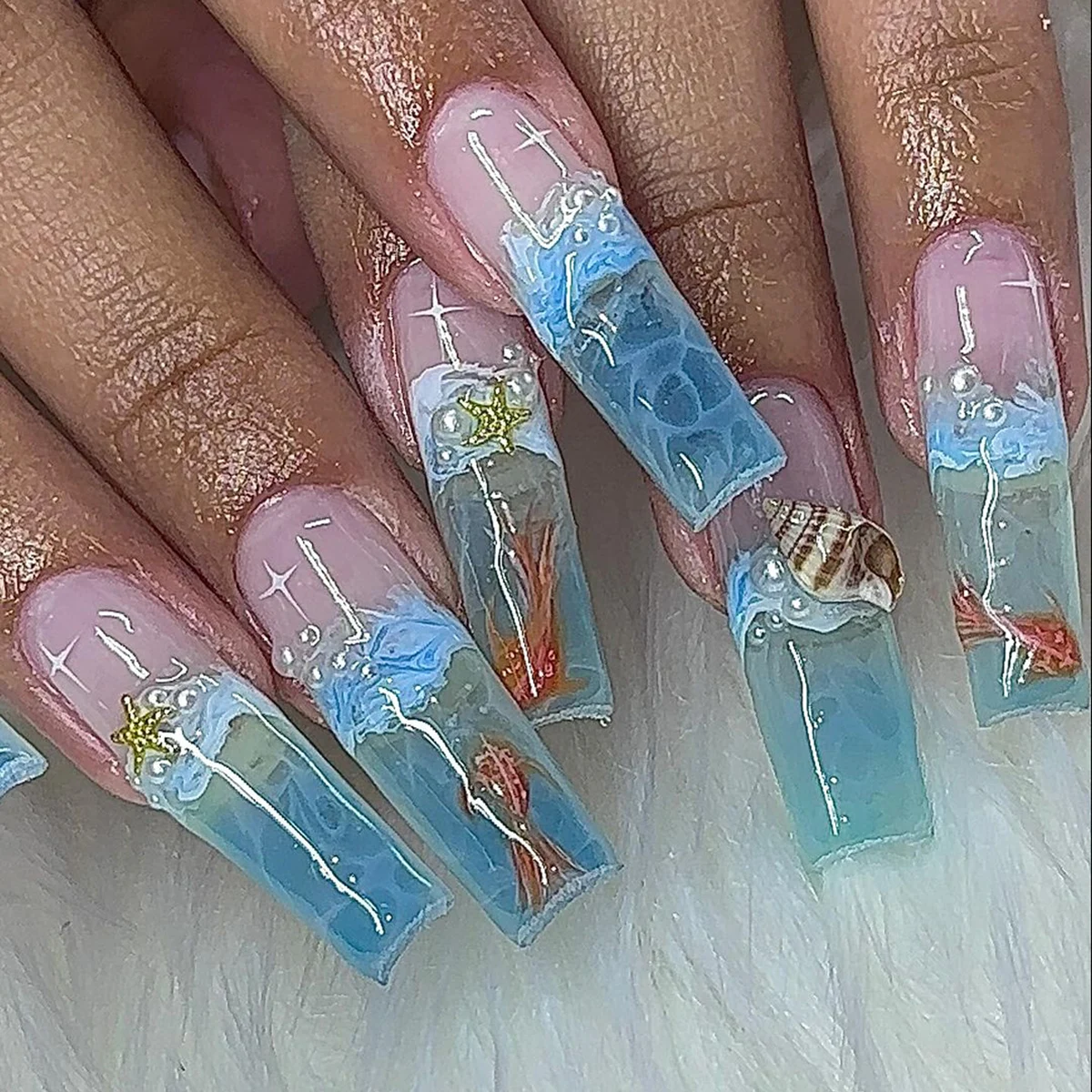 

24pcs Super Long Rectangular Nail Stickers Blue Ocean Small Fish Wave Pattern 3d Starfish Conch Pearl Diamond Acrylic Nail Set