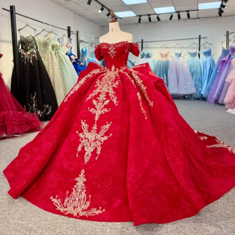 

Red Shiny Quinceanera Dresses Off The Shoulder Gold Applique Lace Beads Tull Party Birthday Sweet 16 Dress Vestidos 15 Anos