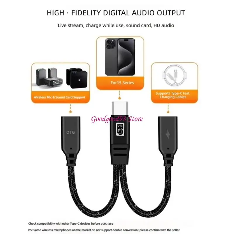 Phone Sound and Charging Cable for Recording Use, Split Charging Link with Data End, 16 Textured Cable, Metal Ends for Video