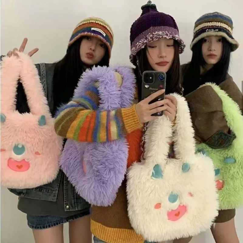 

Cute Little Monster Dopamine Shoulder Bag Women Plush Large Capacity Shoulder Bag Ladies Ins Unique Creative Underarm Tote Bags