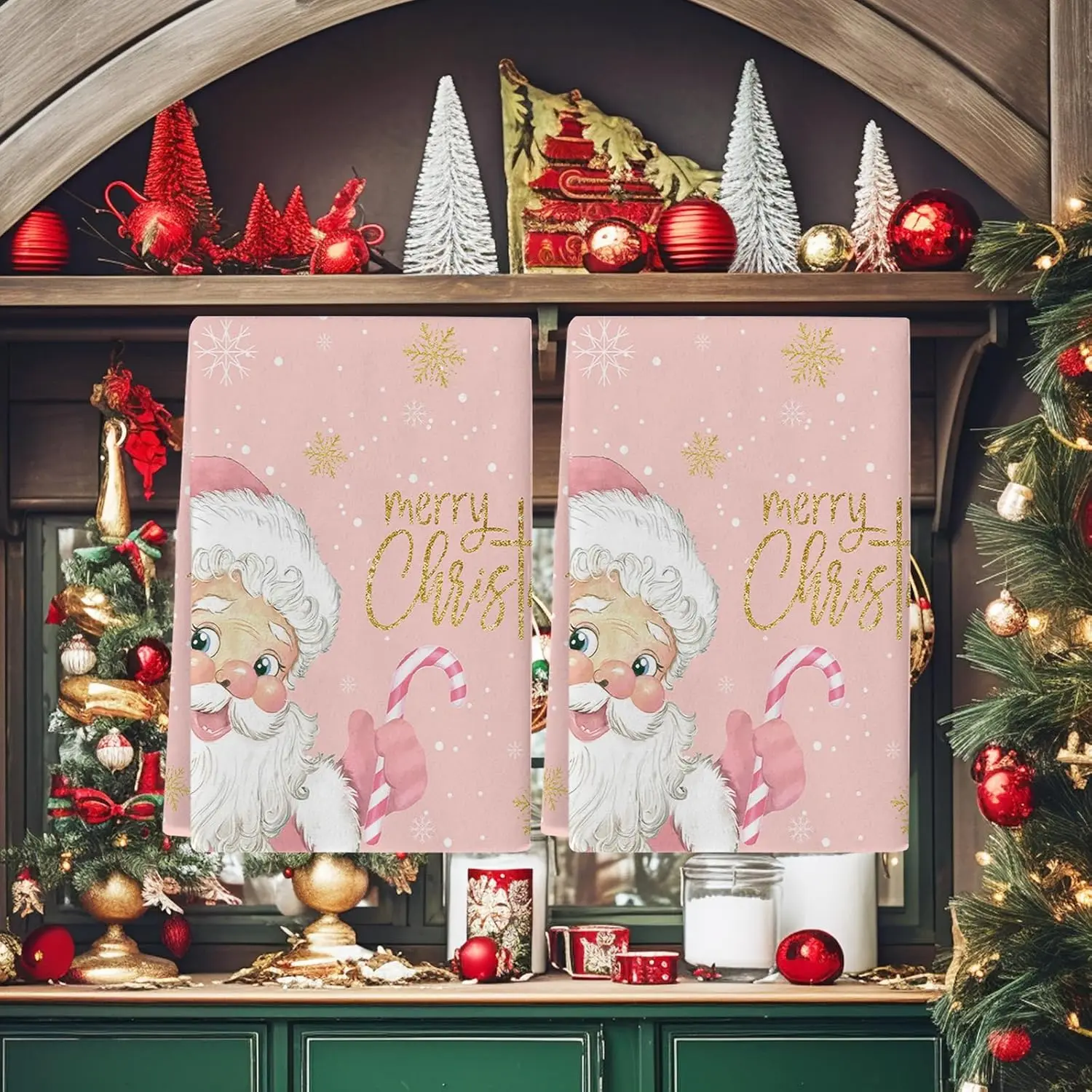 Christmas Snowflake Santa Claus Pink Background Dish Towel Kitchen Accessories Quick Drying Bar Hand Dishcloth Cleaning Supplies