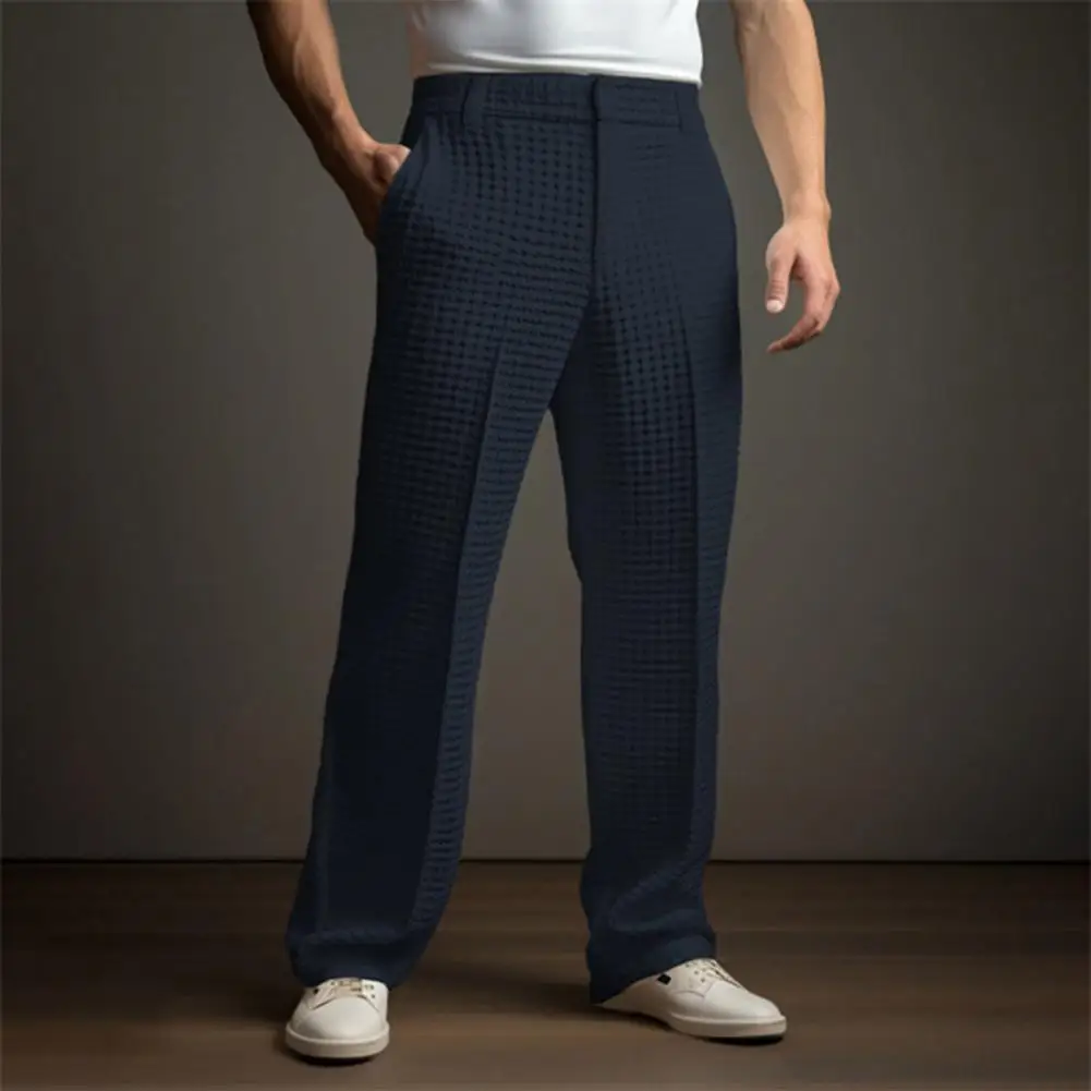 Men Wide Leg Pants Men's Waffle Dress Pants with Belt Casual Wide Leg Trousers for Business Office Stylish Suit for Daily