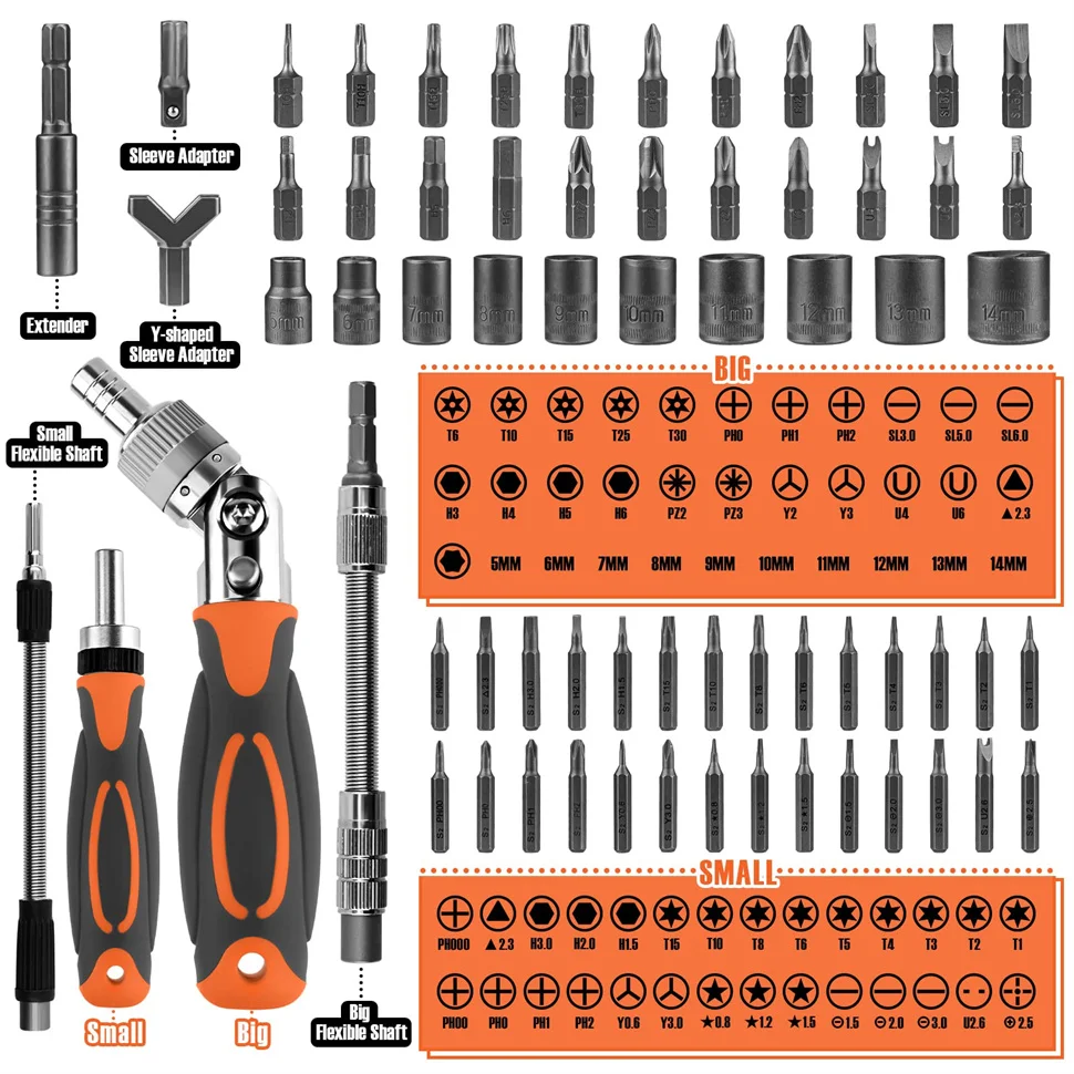 68 in 1 Ratcheting Screwdriver Set with Rotatable Ratchet Handle Magnetic Torx Phillips Drill Bit Socket Set Hand Repair Tools