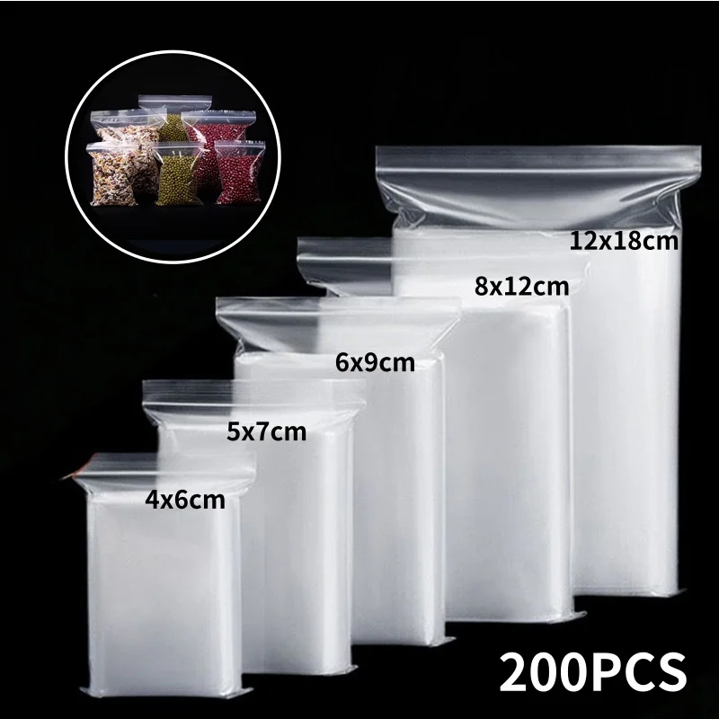 200/100PCS Transparent Zip Bags Food Jewelry Vacuum Storage Bag Plastic Thicken Reclosable Poly Bag Kitchen Organization Package