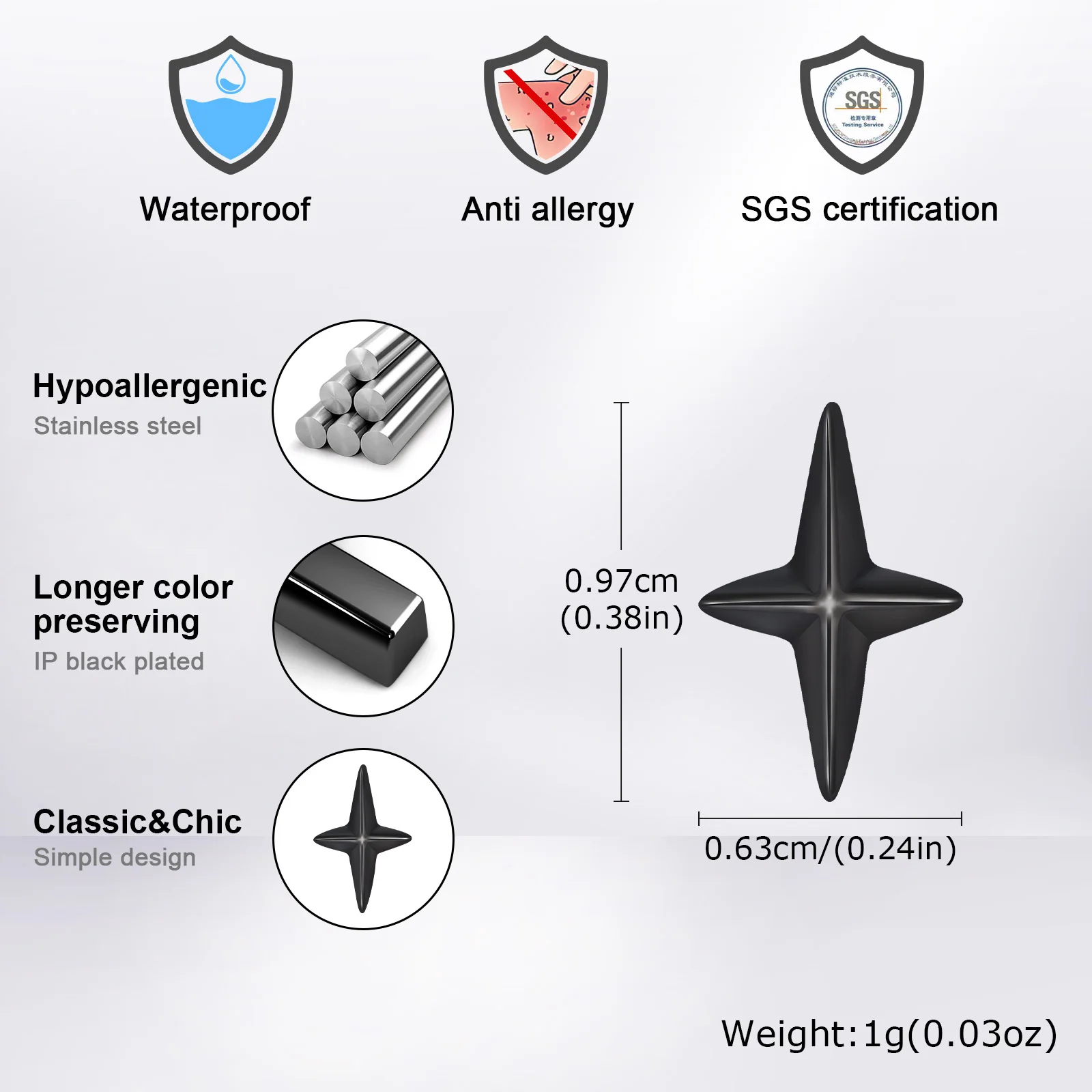 Black Star Stud Earrings for Men Boys,Stainless Steel Four Point Star Earring,Trendy Hiphop Jewelry