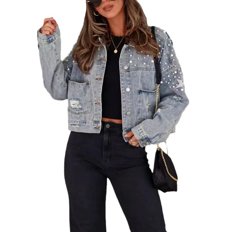 Women Fall Casual Denim Jacket Back Star Print Long Sleeve Turn-down Collar Button Pearls Coat Streetwear Denim Jacket Women