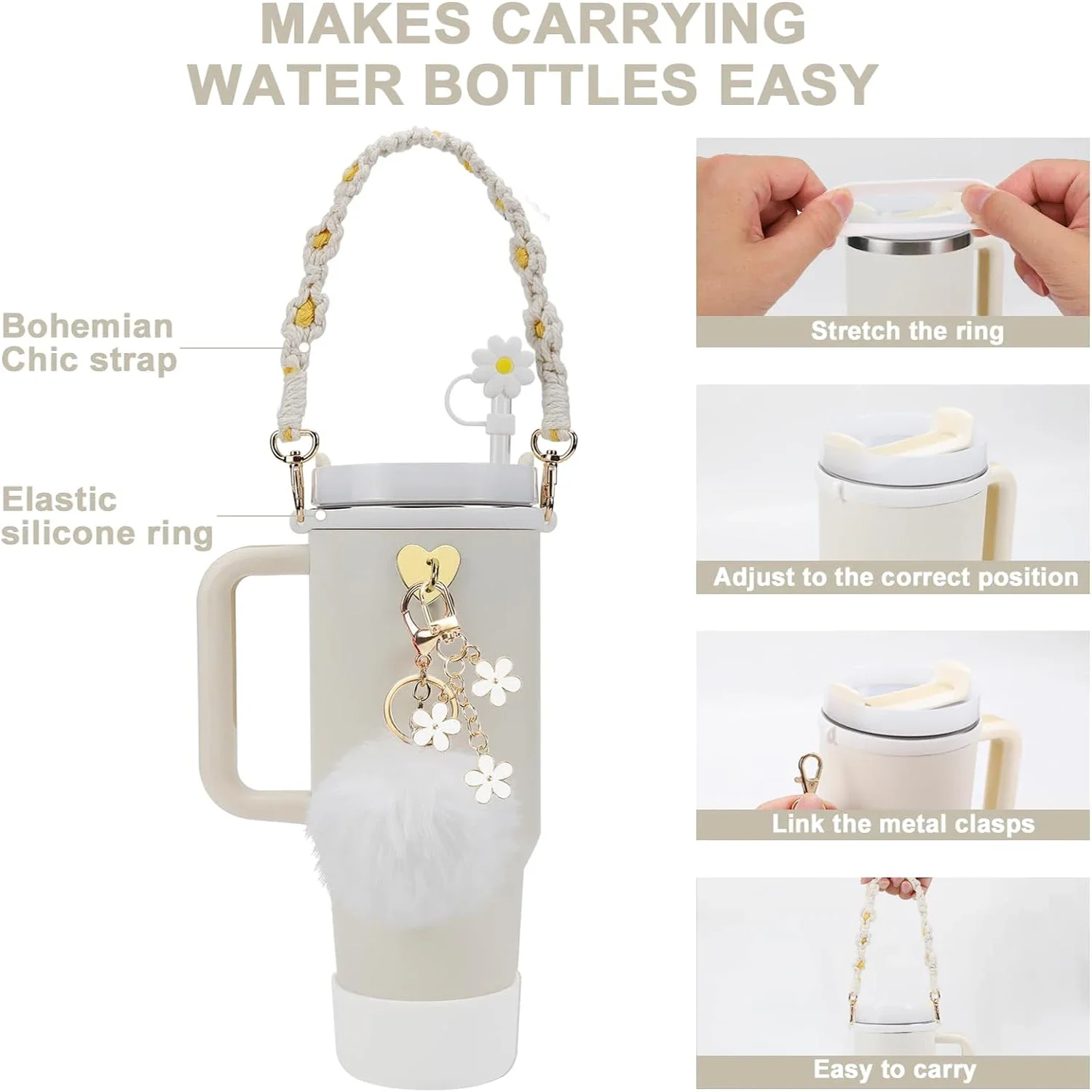 7Pcs for Stanley Cup Accessory Set Includes 1 Water Bottle Handle Strap 1 Cup Cover 1 Fixed Cup Cover 1straw Cover 3 Charms