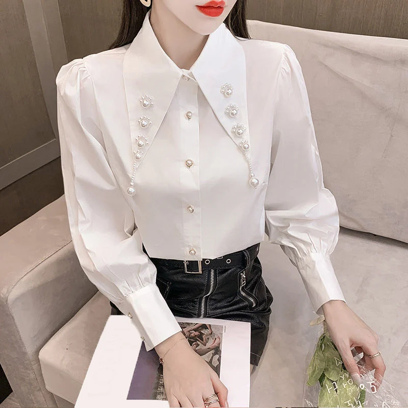 Autumn Fashion Women French Vintage Elegant White Button Shirts Beading Chic Long Sleeve Loose Office Ladies Blouse Tops Blusas