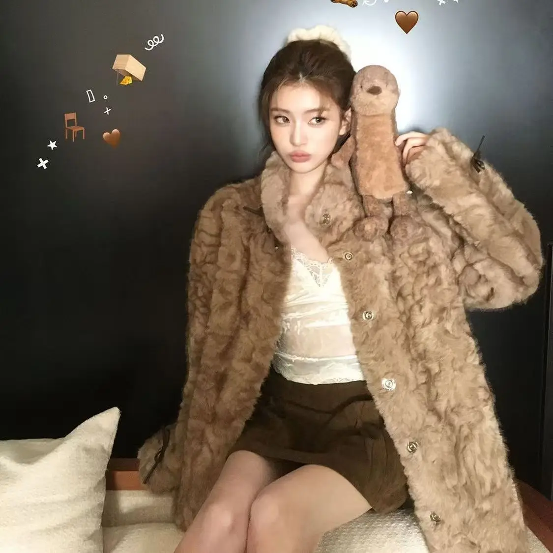 인조 모피 그린 코트 여성용 야외용 실키한 세레모니 어머니 스트리트 스타일 실버 폴드 스웨이드 페미니나 하라주쿠 가을 겨울 바 OL