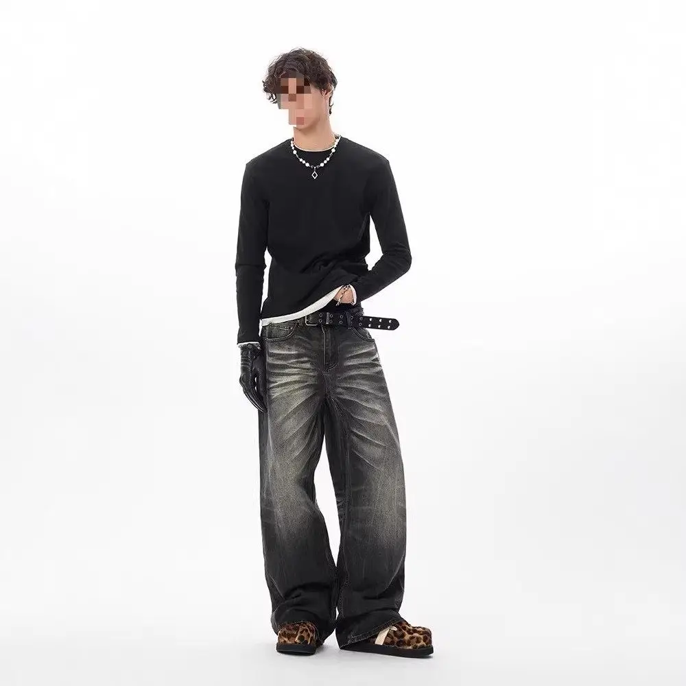 

Retro Waed Bla Denim Jeans Men's Loose Wide Leg Pants Lightning Cra Design Casual Comfortable Non-Sinkage