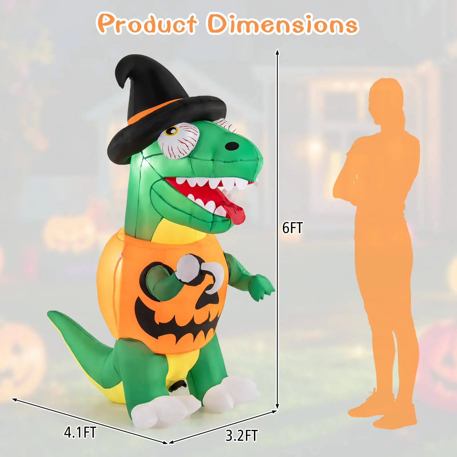 6 FT Inflatable Pumpkin Dinosaur with Built-in LED Lights & Witch Hat Stakes