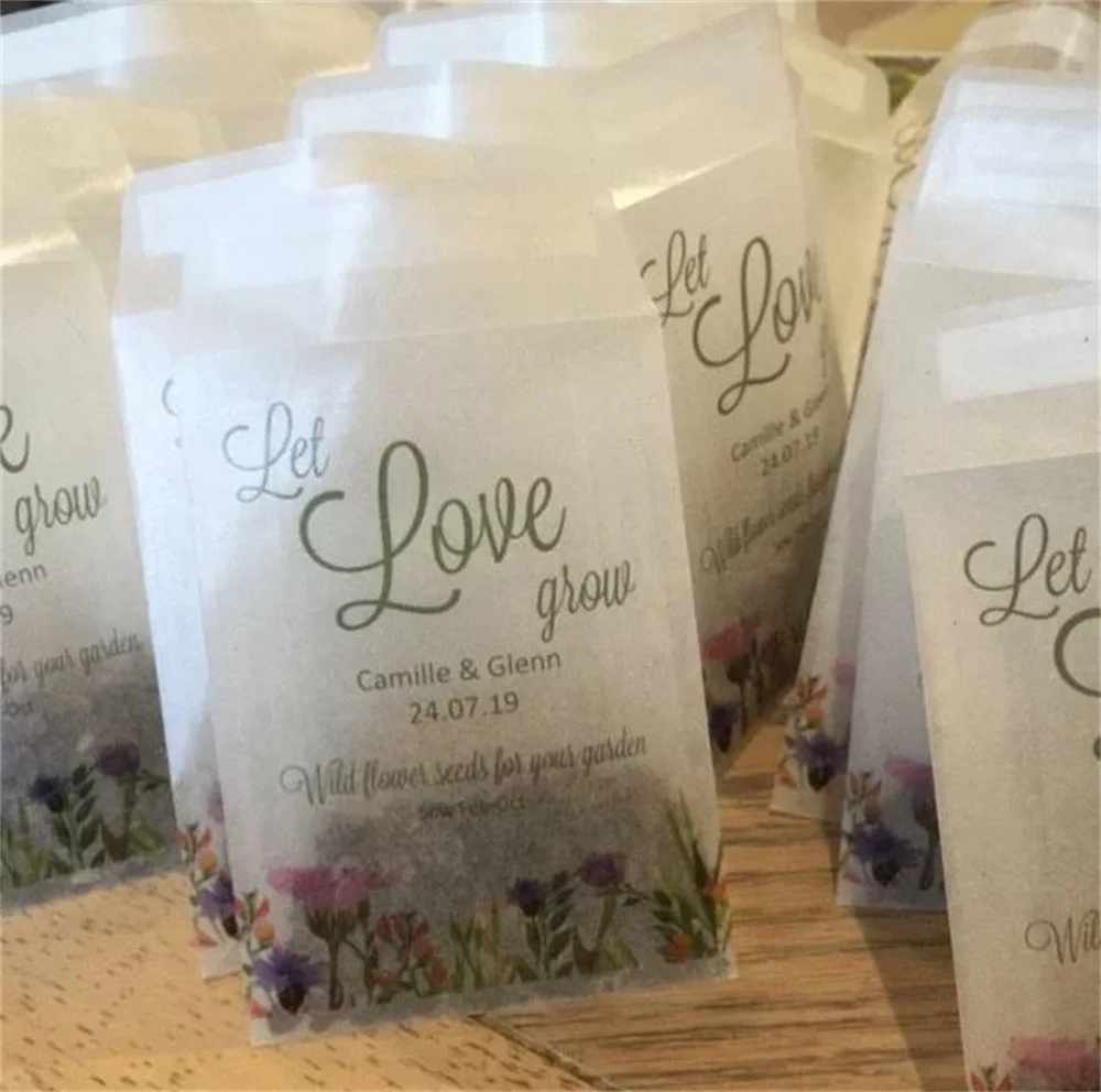 25pcs Eco-friendly glassine wedding favour seed bags - Different sizes - Let love grow biodegradable favour bags