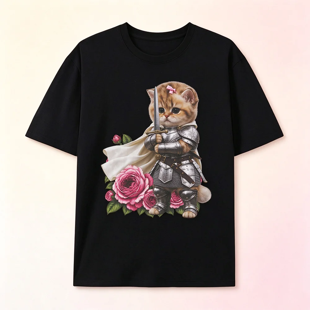 Cute Knight Cat With Roses Graphic Tshirt Unisex Medieval Kitten Armor Sword Print Short Sleeve Tee Aesthetic Casual Summer Tops
