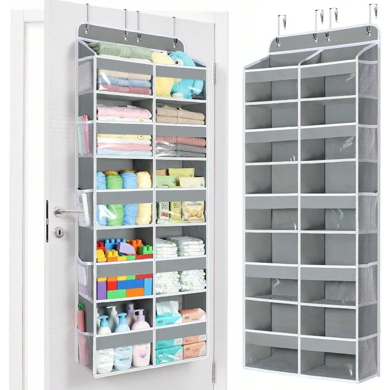 1 Pack Over The Door Organizer, Hanging Storage Organizer With Clear Window, 40lb Ultra Sturdy Large Capacity Room Organizer For Pantry Laundry Bathroom Nursery Closet Essential (Grey)