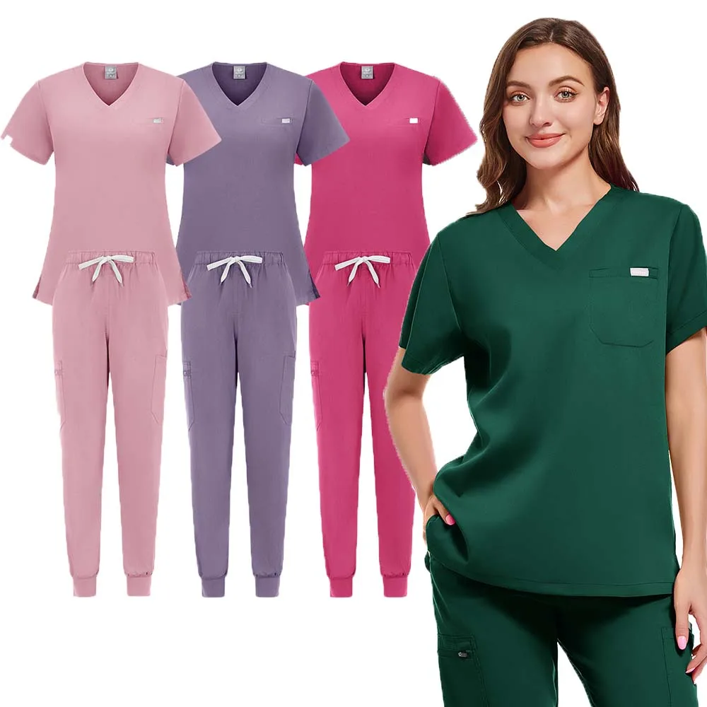 

Hot Sale Anti Wrinkle Scrubs Workwear Washable Soft Fabric Nurse Hospital Uniforms Medical Scrubs Top Pants Jogger Scrubs Sets