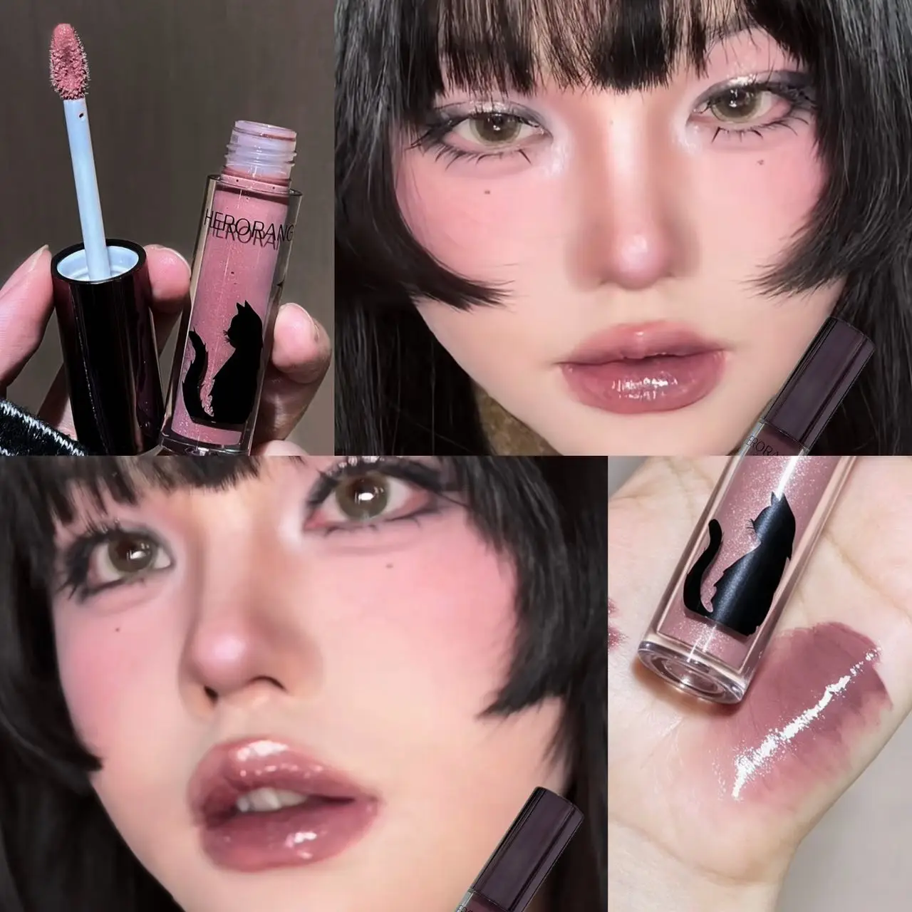 Herorange Purple Night Cat Plumping Lip Gloss Glitter Shiny Glass Lip Finish Hydrating Moisturizing Daily Party Lip Makeup