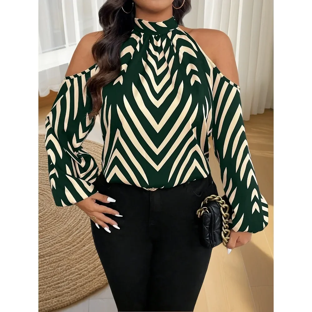 

Plus Size Women’s Printed Off Fashion Striped Shoulder Fashionable Shirt