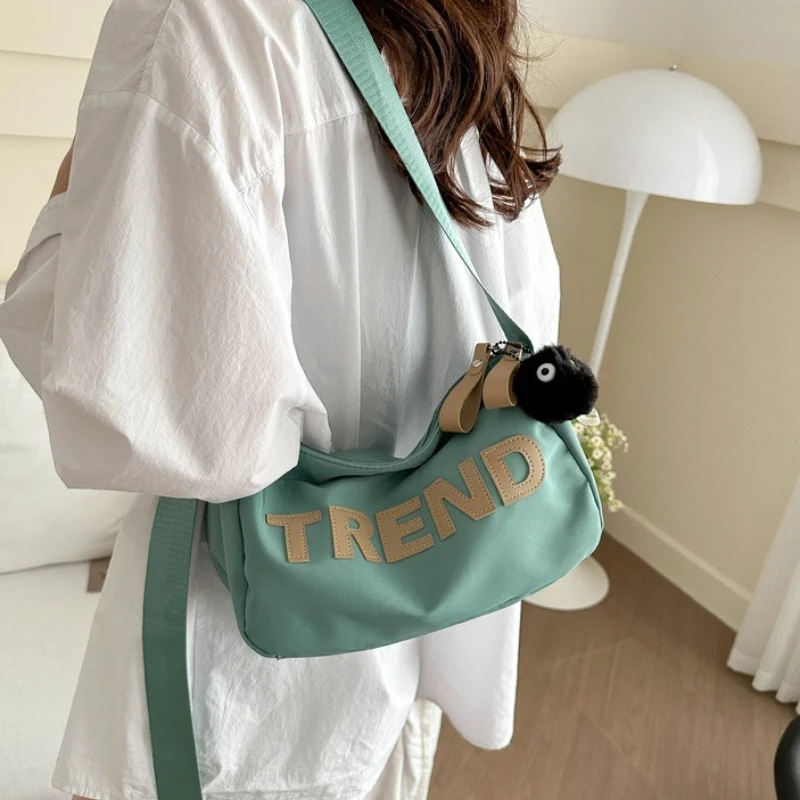 Minimalist Crossbody Bags for Men Women, Cute Black Plush Pendant, Adjustable Wide Shoulder Strap, Casual Handbag for Daily