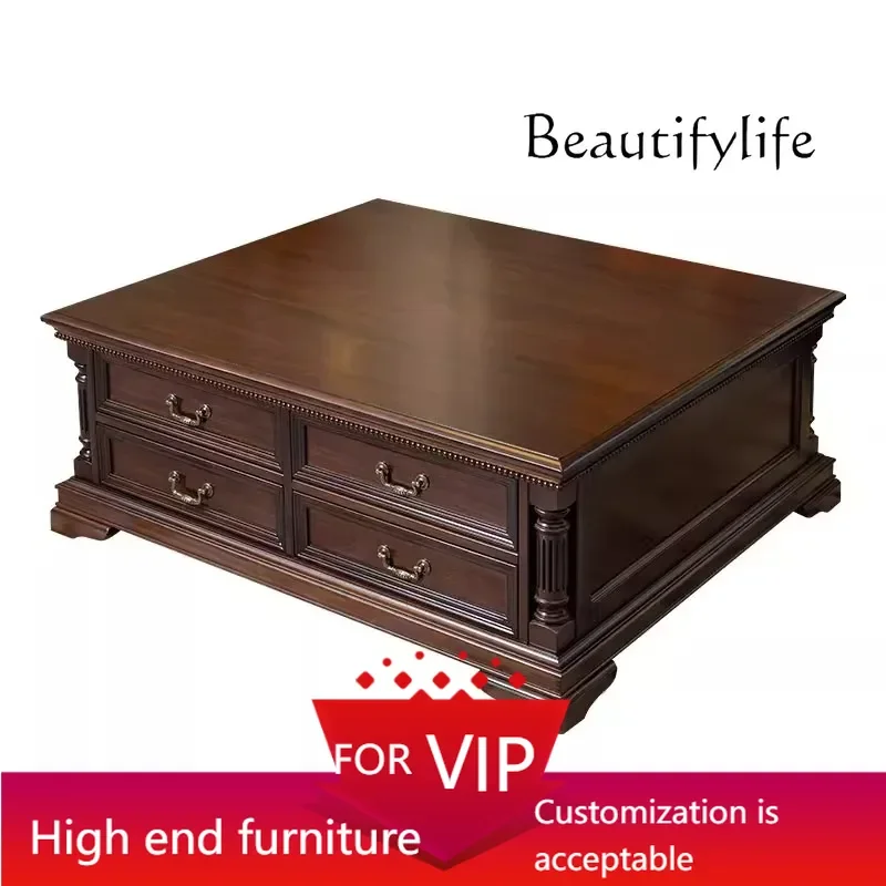 

UP American retro coffee table, all solid wood square table with drawer storage, living room storage luxury