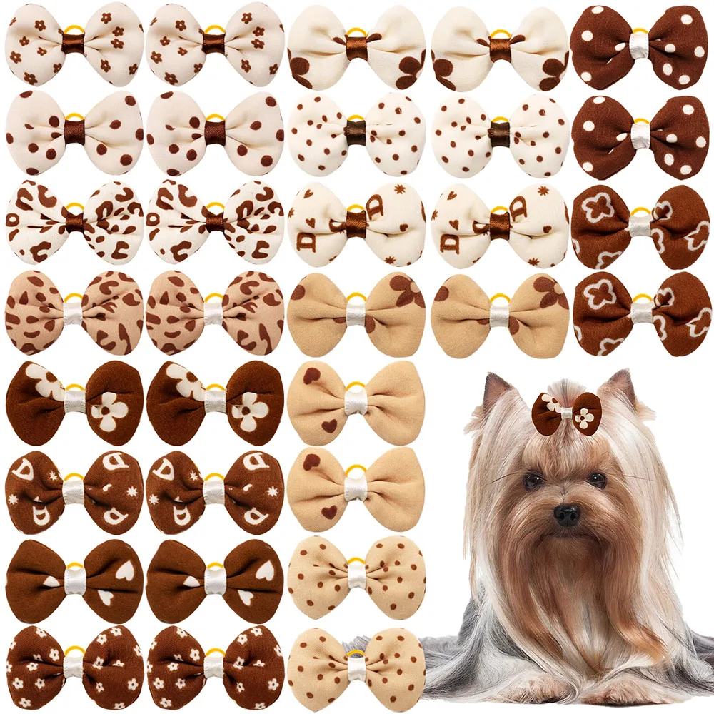 10/20/30PCS Dog Bows With Rubber Bands Handmade Brown Style Puppy Head Flower Handmade Pet Supplies For Dogs Bows Supplies