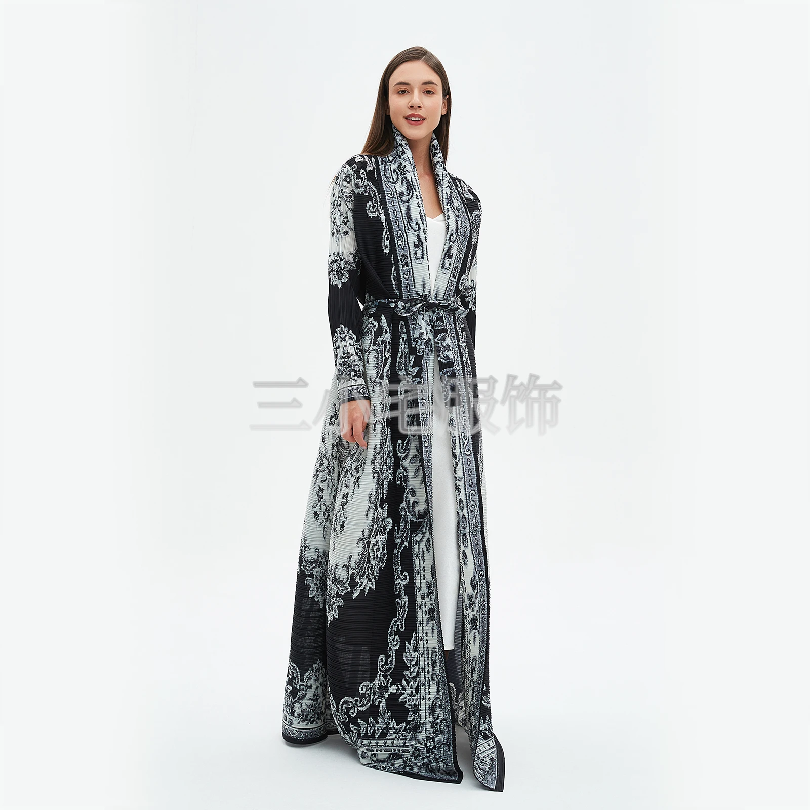 

YUDX Miyake Long Sleeve Printed Dress Windbreak Women 2024 Winter New Original Designer Abayas Turndown Collar Belted Coats