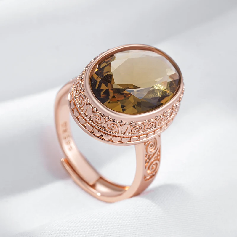 Kinel Hot Shiny Light Brown Natural Zircon Big Ring for Women Fashion 585 Rose Gold Color Vintage Bride Wedding Jewelry 2025 New