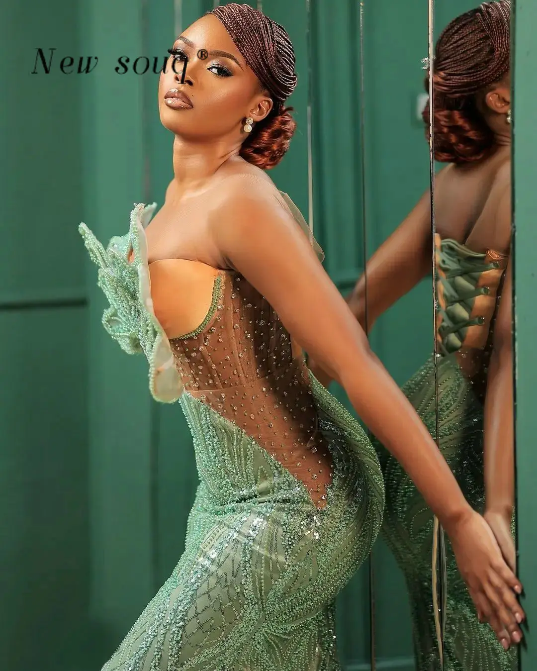 Aso Ebi Mint Green 3D Butterfly Design Long Mermaid Evening Dresses Beaded Crystals Black Girls Formal Gowns Wedding Party Wear