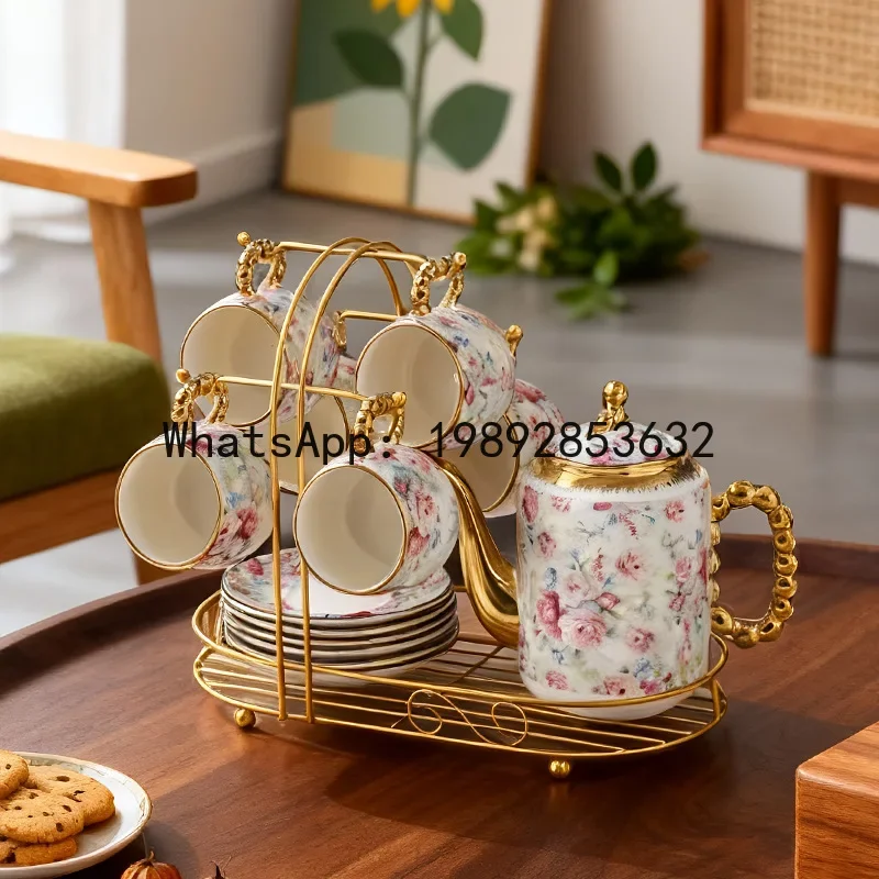 

a-15 light luxury ceramic floral coffee cup, teapot, and cup holder coffee set