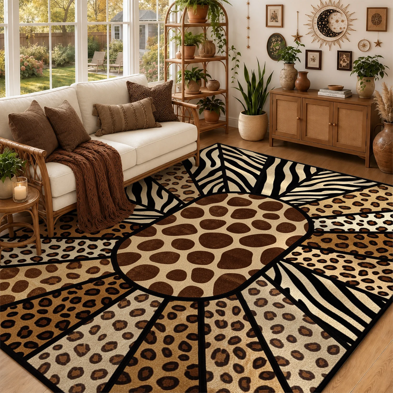 Leopard Giraffe Zebra Print Geometric Velvet Area Rug, Machine Washable Stable Flooring Rug for Living Room, Bedroom, Dining Room, Entryway, Ideal for Halloween, Thanksgiving, Black Friday, Christmas, New Year Home Decor