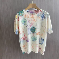 Thin Knitted Short-Sleeved Mulberry Silk T-Shirt In Summer With Women's Wool Printed Half-Sleeve Loose Ice Silk Bottoming Shirt