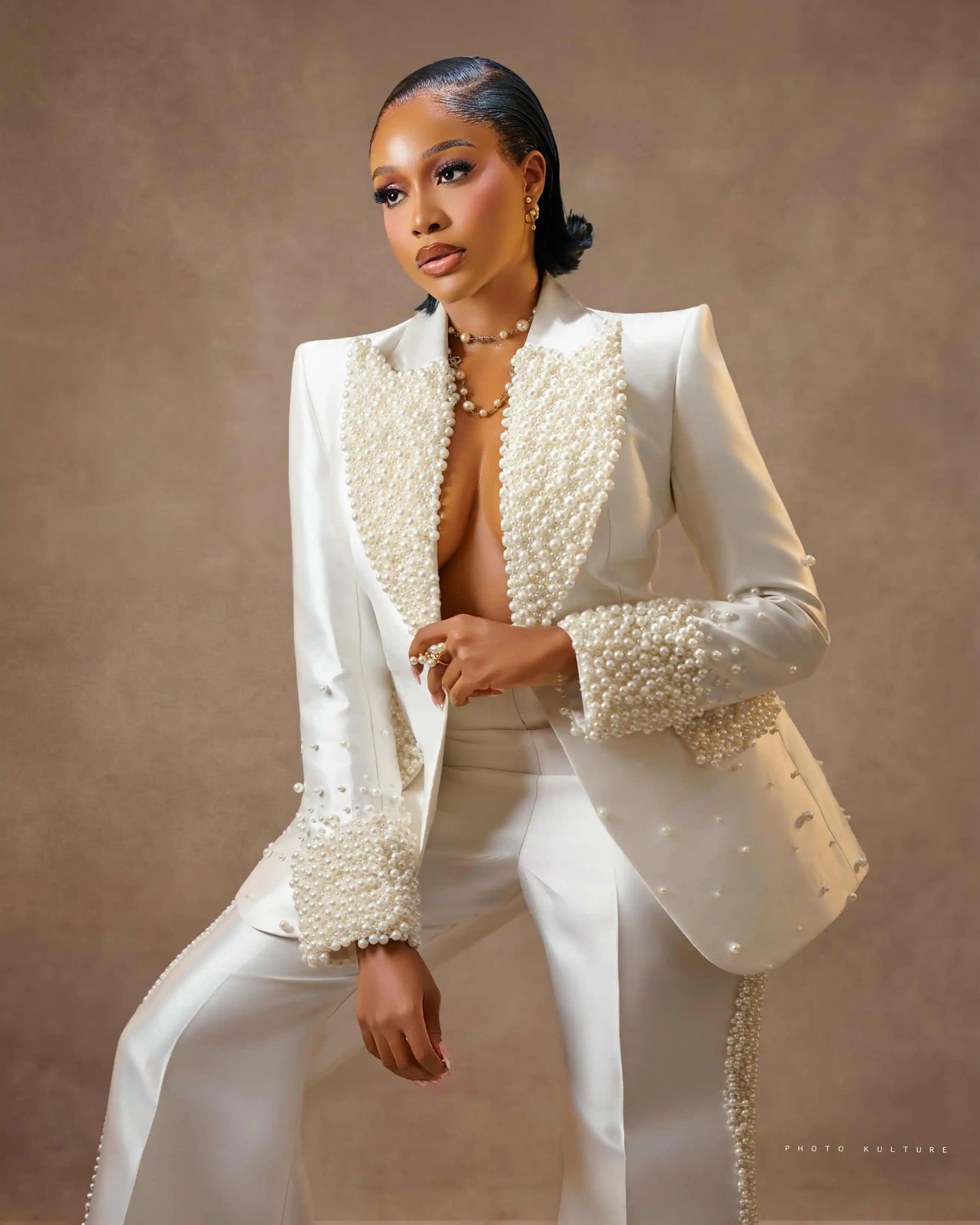 Slim Fit Women Blazer Dress Sets Customized Big Pearls Beading Girls Prom Evening Guest Formal Wear Photography 2 Pieces image 3