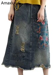 Amax luluE Korean Fashion Females Ripped Denim Skirts Womens Bleached Vintage Skirt Ladies Embroidery Elastic Clothes Big Size