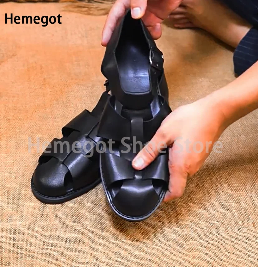 

Hollow Out Roman Sandals Men's Shoes Round Toe Ankle Buckle Strap Wear-Resistant Breathable Solid Color Handmade Men's Shoes