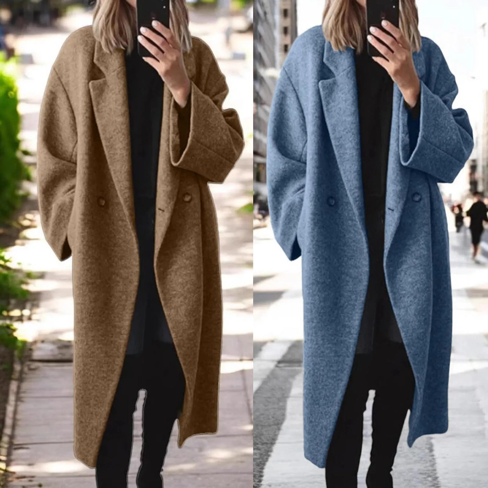 Women's Winter Double Breasted Wool Coat Long Sleeve Notch Lapel Long Trench Coat Womens Dress Jackets Knit Jacket