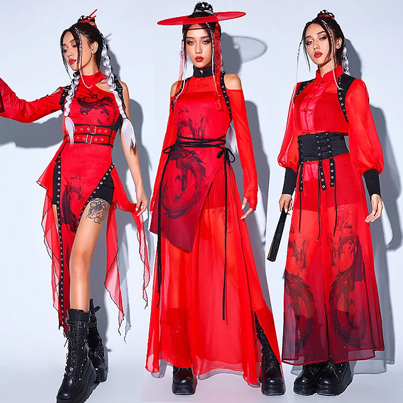 

Women Jazz Dance Costume Girls Group Gogo Dancers Performance Hip Hop Stage Wear Chinese Style Red Loose Outfits