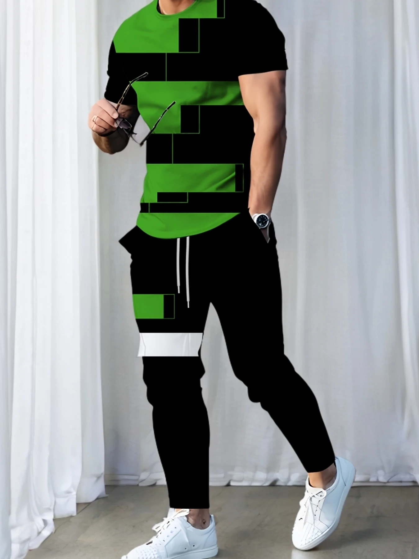 

Summer 2025 new men's suit with green striped printed casual and fashionable polyester men's wear
